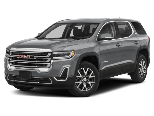 A gray 2024 GMC Acadia SUV with chrome accents and a refined look, also shown from the front-left.